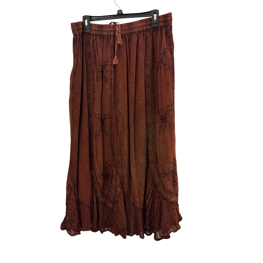 Boho Maxi Skirt M Crinkle Peasant Fairy Lace Trim Ruffled Hem Elastic Waist 2X